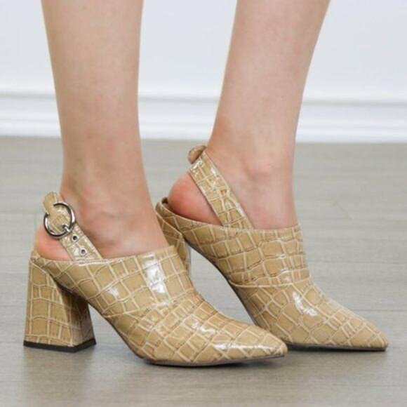 New Pointed Toe Croc-Embossed Block Heel Slingback Sandals Mules Chic & Elegant - Picture 7 of 8